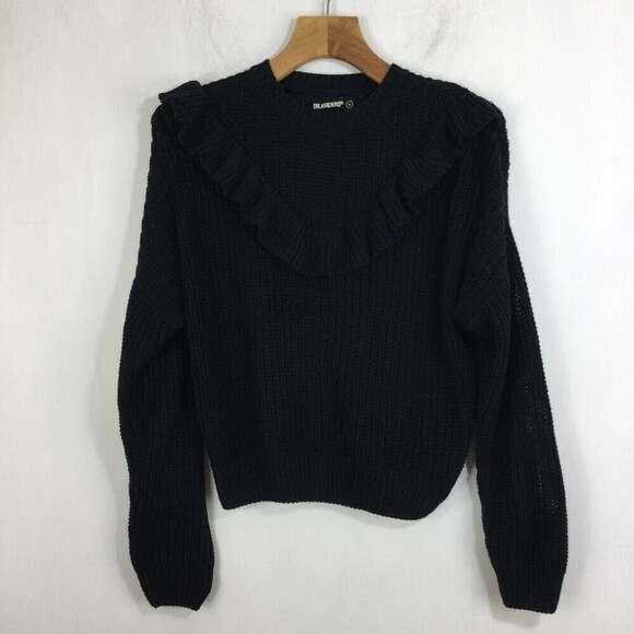 Blank NYC Womens Ruffle Crew Neck Long Sleeve Knit Sweater Black Size Small - Picture 7 of 7